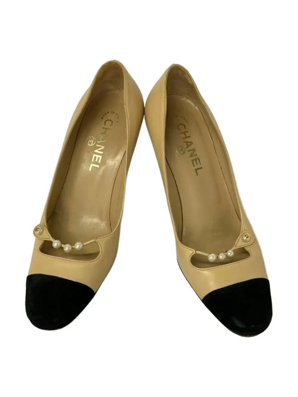 Chanel Pumps 37 C Beige Black Pearl Leather Heel